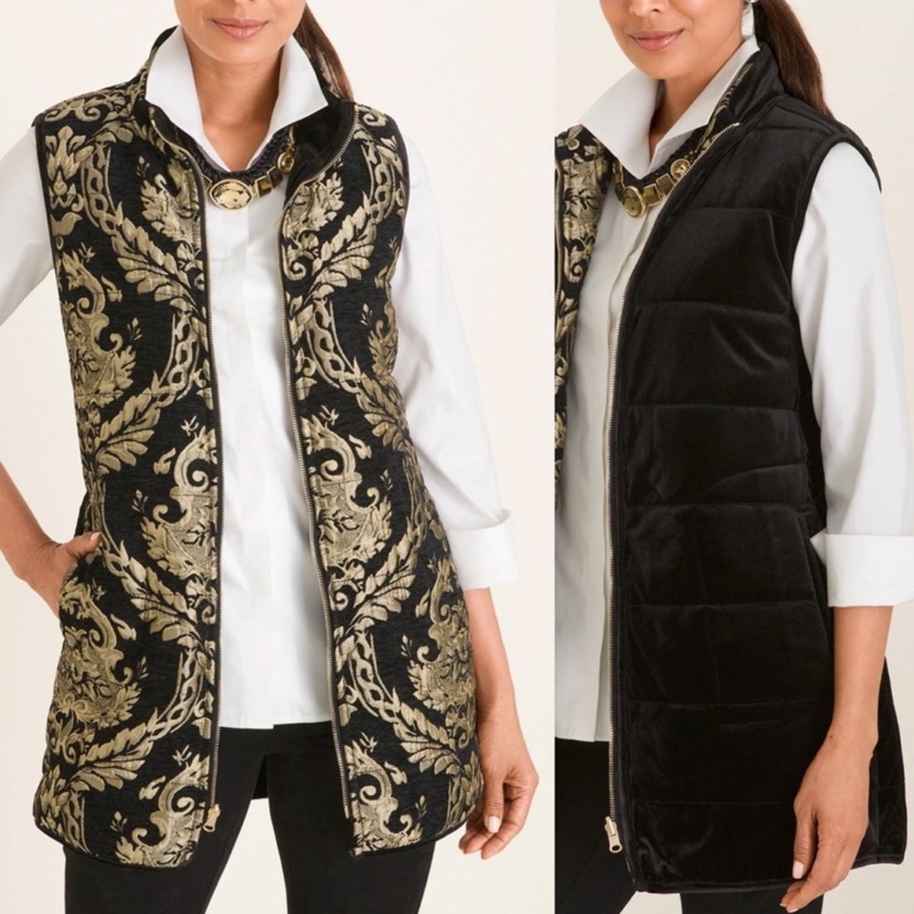 LIKE NEW CHICO’S 1 GOLD JACQUARD & BLACK REVERSIBLE VELVET VEST